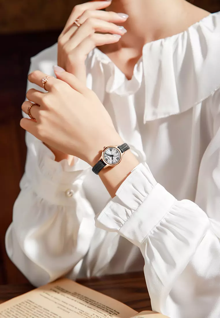 Jam Tangan Wanita Analog Versi Korea vintage Tali Kulit Jam Tangan Cewek Hitam