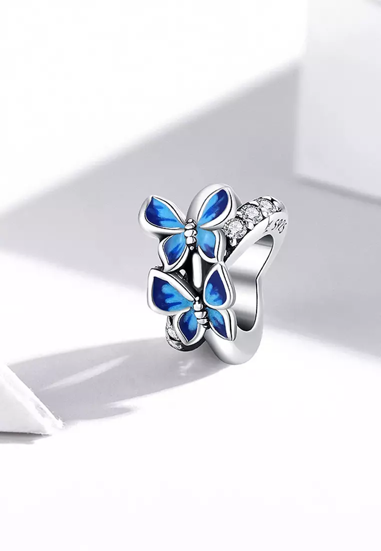 Solid 925 Sterling Silver Twin Blue Inlay Butterfly Charm