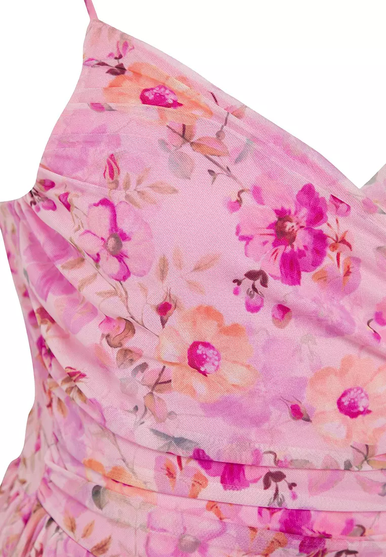 Pink Double Breasted Floral Patterned Tulle Skater Mini Knitted Plus Size Dress TBBSS25AH00193