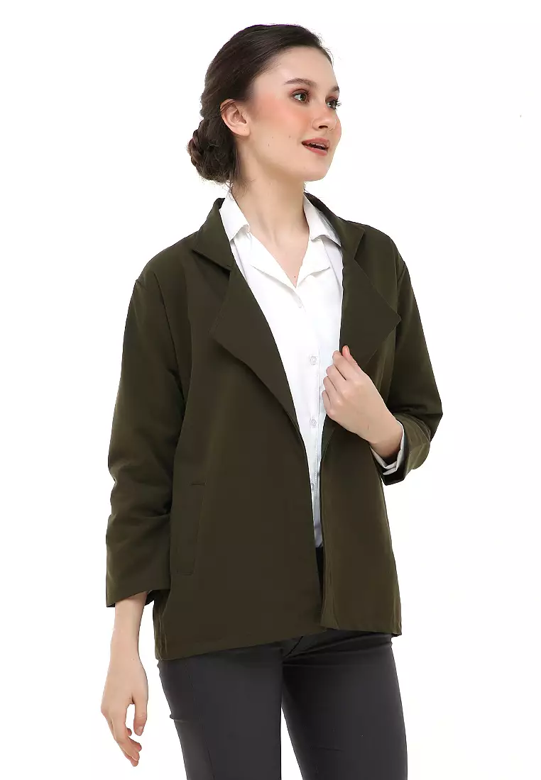 Qemsya Jas Blazer Wanita Long Outer Casual Suit Material Baby Canvas ORIGINAL - Army