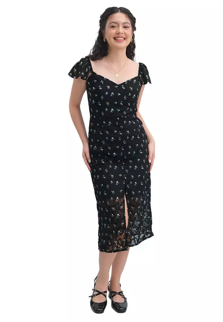 Buy JUST G V-Neck Floral Print Burnout Chiffon Midi Dress With Slit And  Flutter Sleeves 2026 Online | ZALORA Philippines