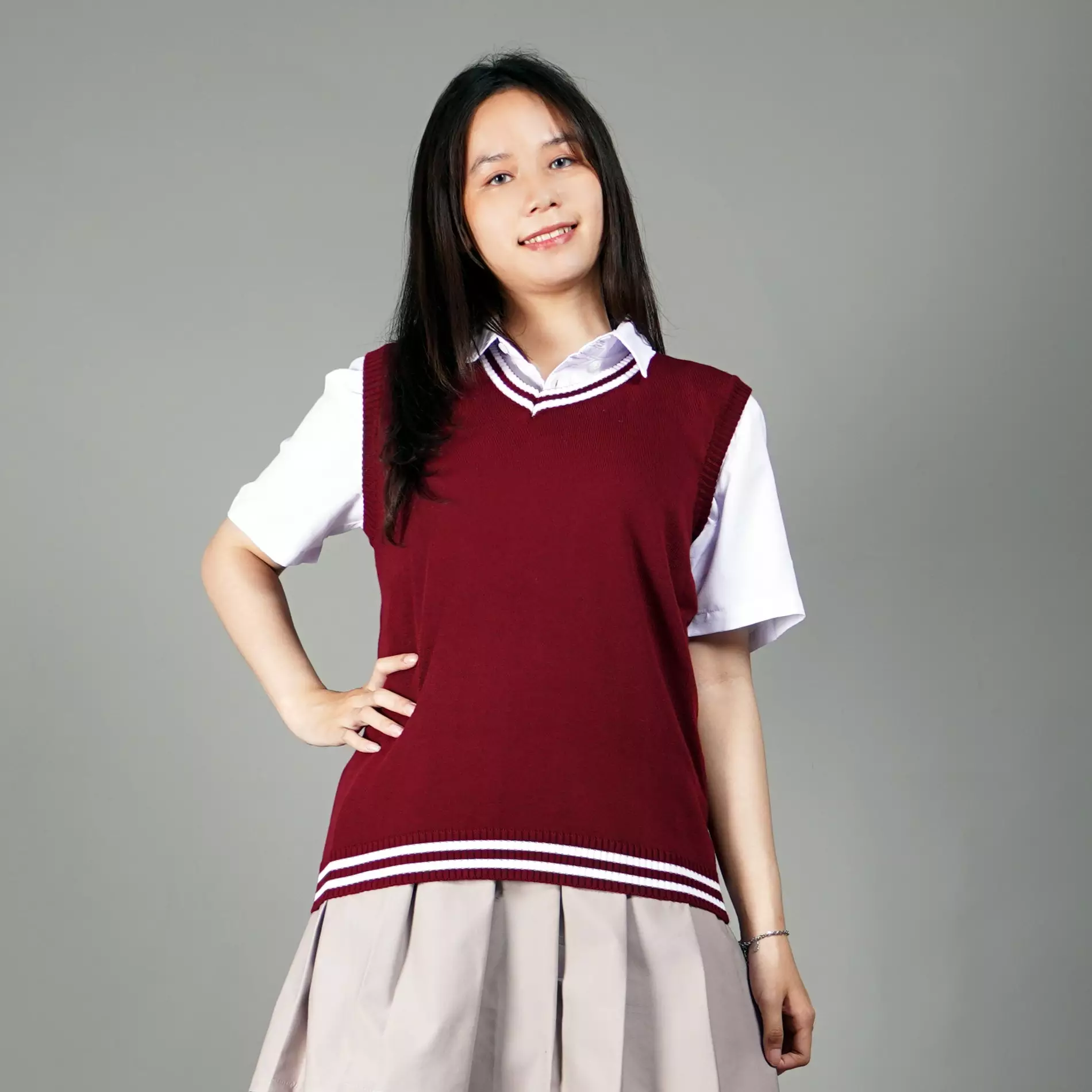 VICKY Rompi Rajut Rompi Gaya Korea Knit Vest List Putih Rompi Seragam - MARUN