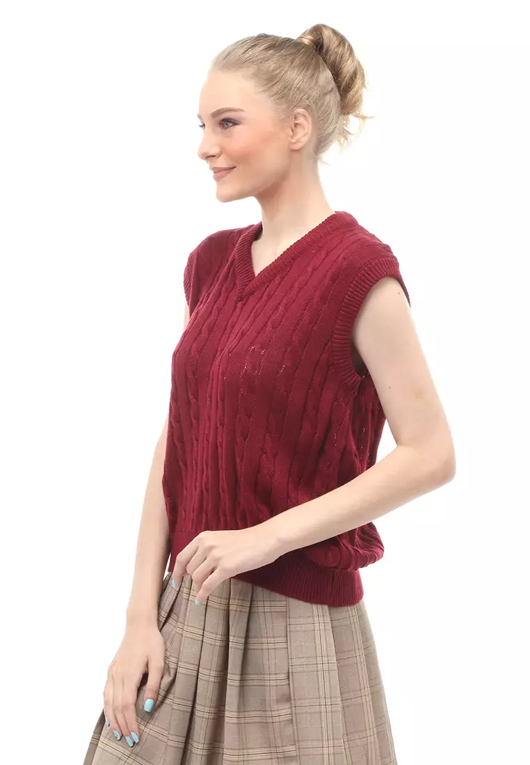 Urice Vest Rajut Atasan Wanita V-neck Sleeves Design Elegant - Maroon