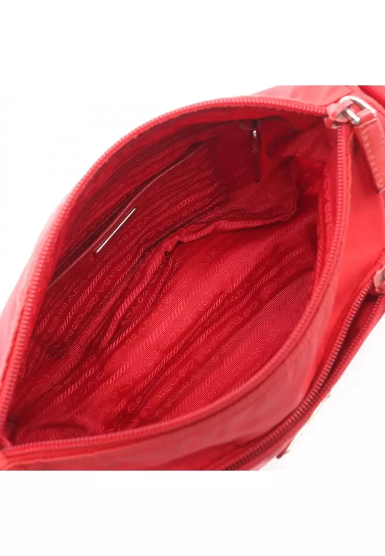 Pre-Loved Prada prada logo plate Shoulder bag Nylon Saffiano leather Red