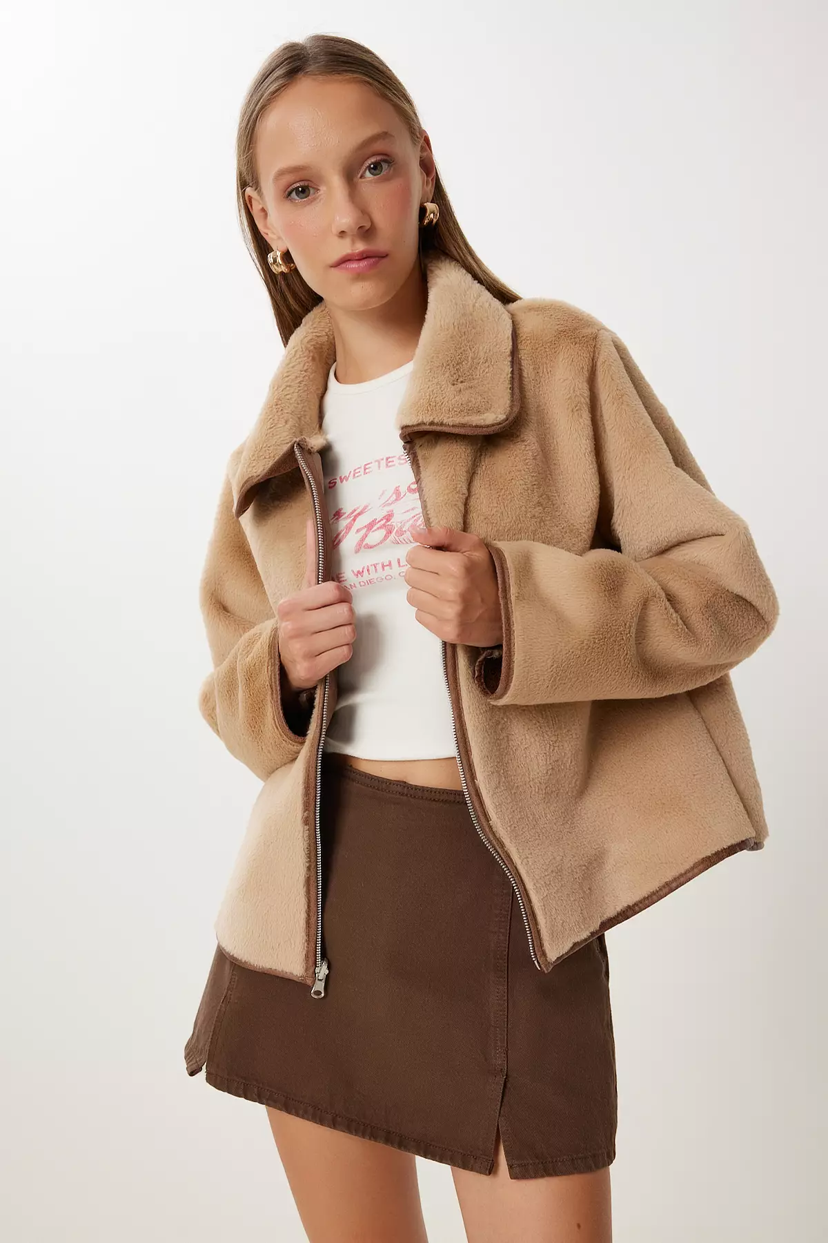 Women's Biscuit Brown Double Sided Polo Collar Jacket Kt00015