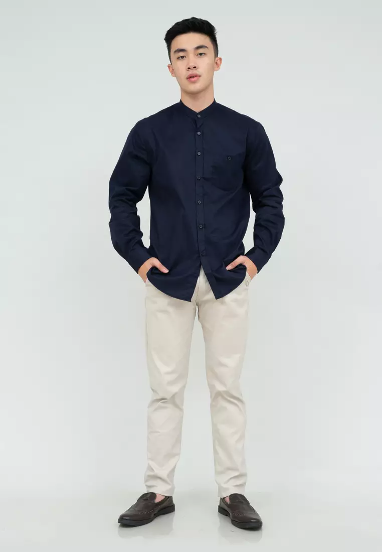 Houseofcuff kemeja Koko Lengan Panjang Pria Navy Gelap Saku Kancing