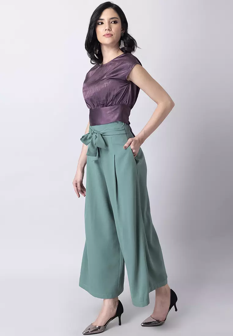 Buy FabAlley Green Belted High Waist Flared Trousers in Green 2024 Online