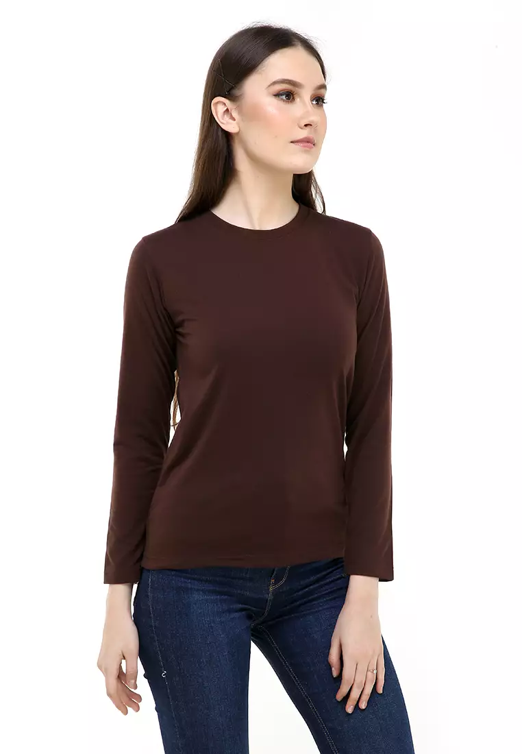 Seth Tshirt Long Sleeve Motif Polos Design Simple Atasan Wanita - Coklat