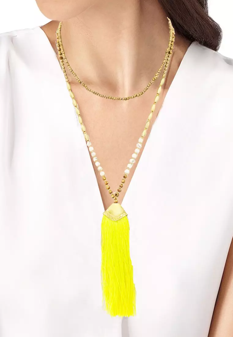 Aksesoris Kalung Wanita Tassels & Beads  Long Necklace Kalung Wanita Panjang Gold, White & Neon Yellow