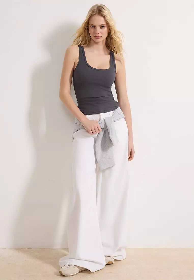Anthracite Fitted/Fitted Pool Collar Corded Fabric Stretchy Knitted Undershirt Twoss22Al42