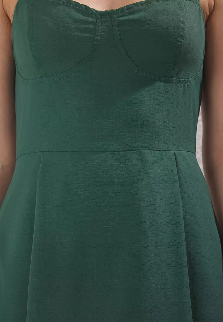 Emerald Green Waist Opening Linen Look Midi Woven Dress TWOSS23EL00378