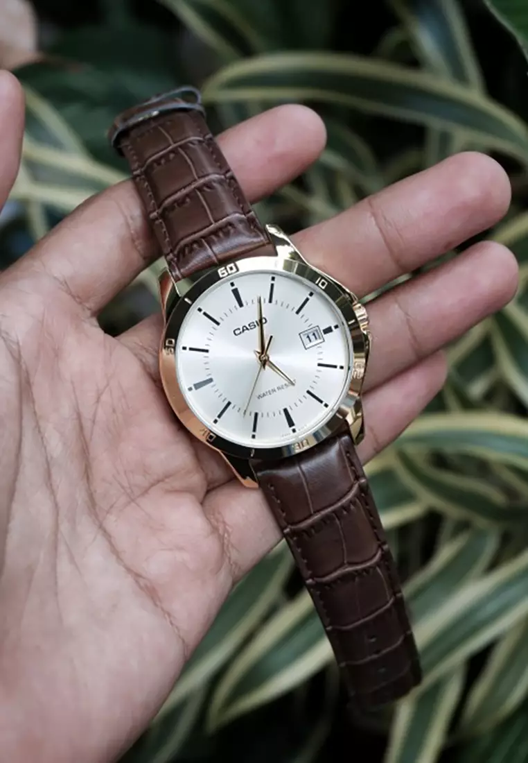 Men Analog Watch MTP-V004GL-9A Brown Leather Strap