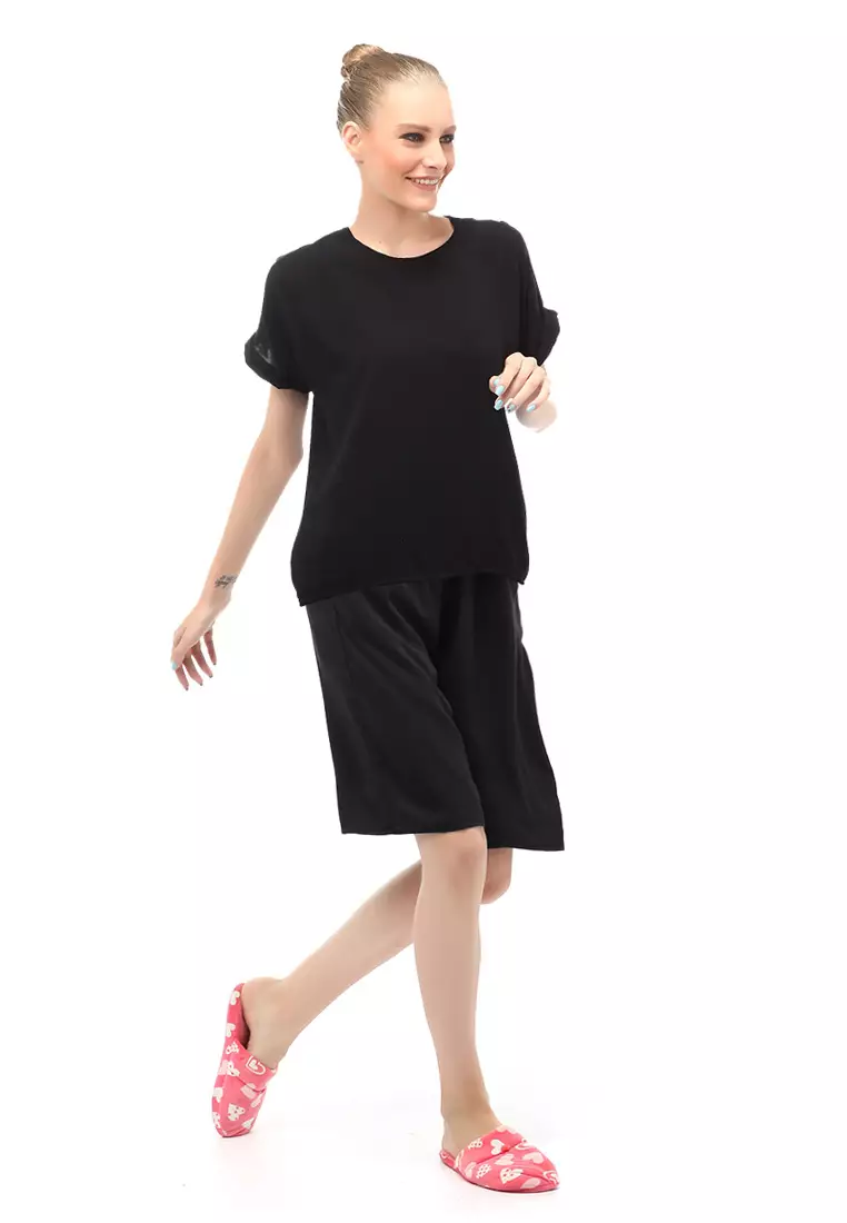 Setelan Wanita Lengan Pendek Design Simple Casual Relaxed Fit - Hitam