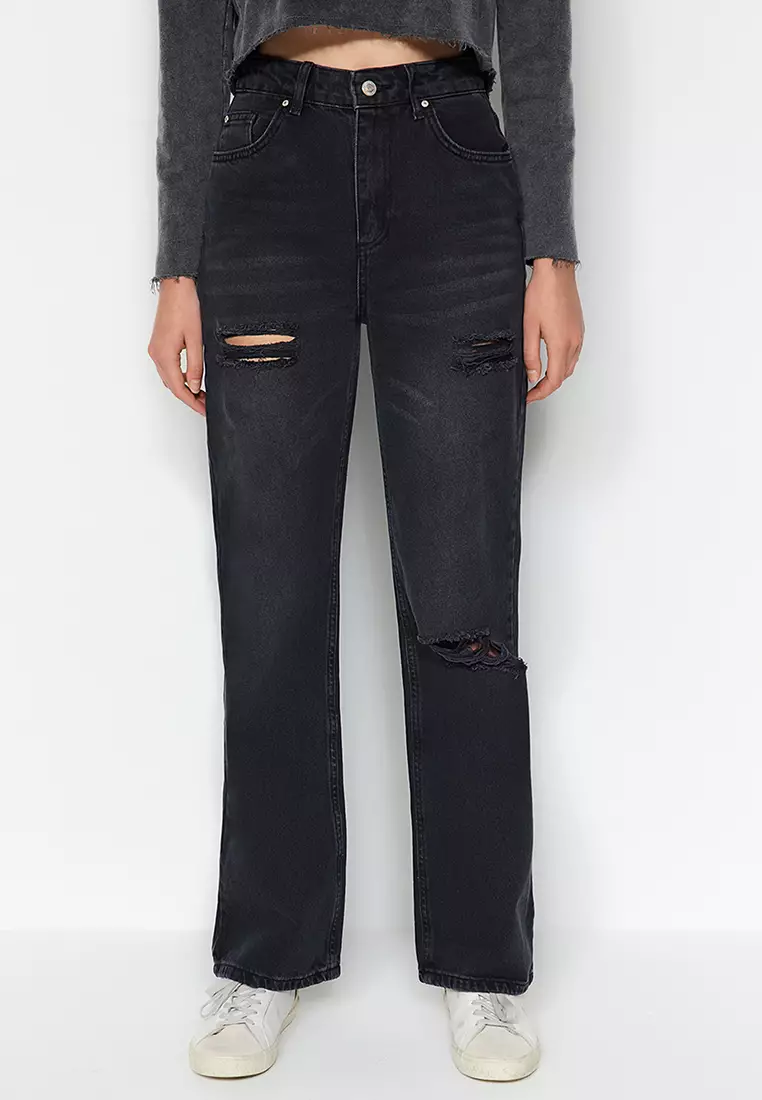 Ripped Plain Black Straight Leg Jeans, High Waisted Versatile Distressed  Denim Pants, Women's Denim Jeans & Clothing