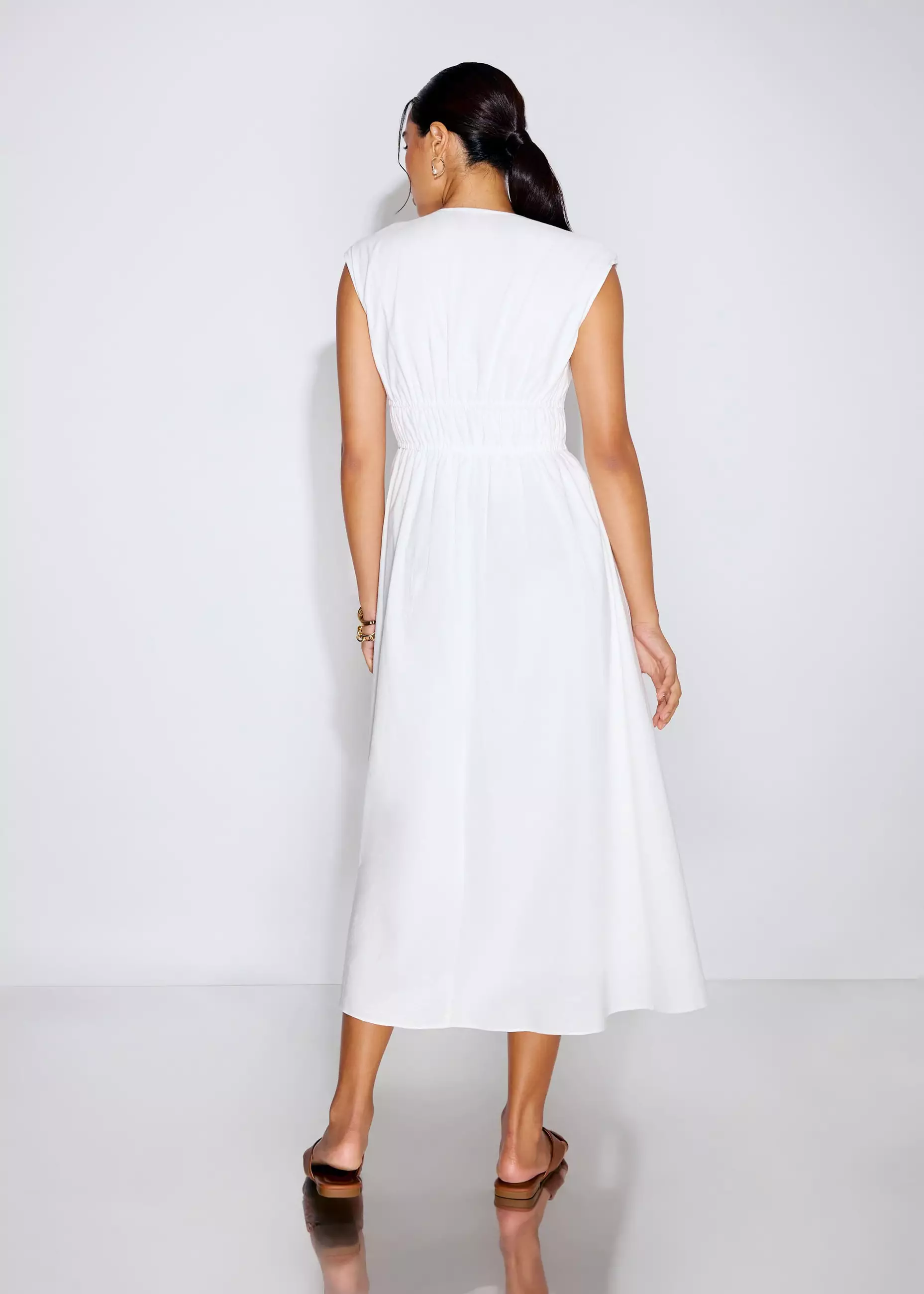 Dress Wanita - Linen Front Tie Fit & Flare Elastic Midaxi Dress