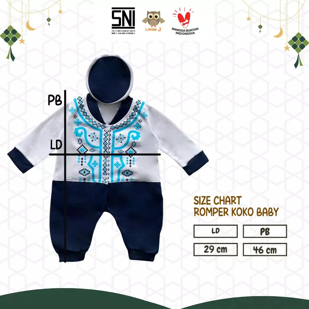 Little J - (1559) Raya Collection Romper Koko Baby Setelan Baju Koko Bayi SNI Muslin Cowok Jumper Koko 0-9 Bulan Peci Double Knitted Sablon Aplikasi Kudung 3 Kancing Hidup
