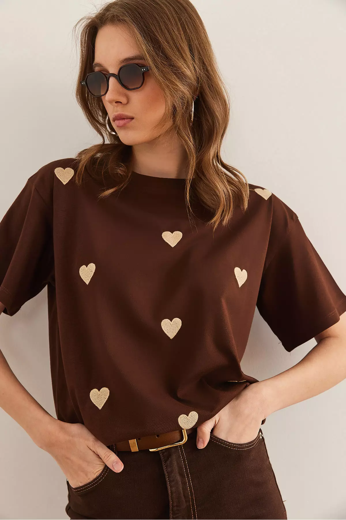 Women's Brown Heart Embroidered Cotton Regular Fit T-Shirt Tsh- 19000864