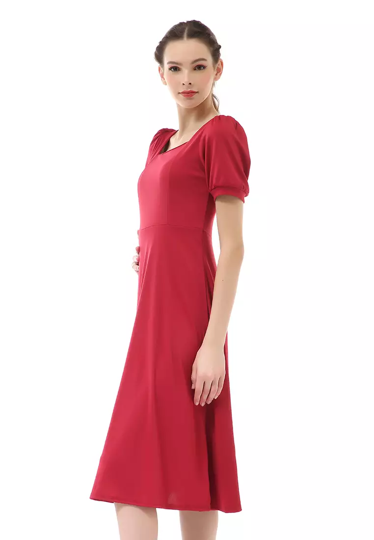 Rachel Long Dress Wanita Lengan Pendek Motif Polos Material Cotton ORIGINAL - Red