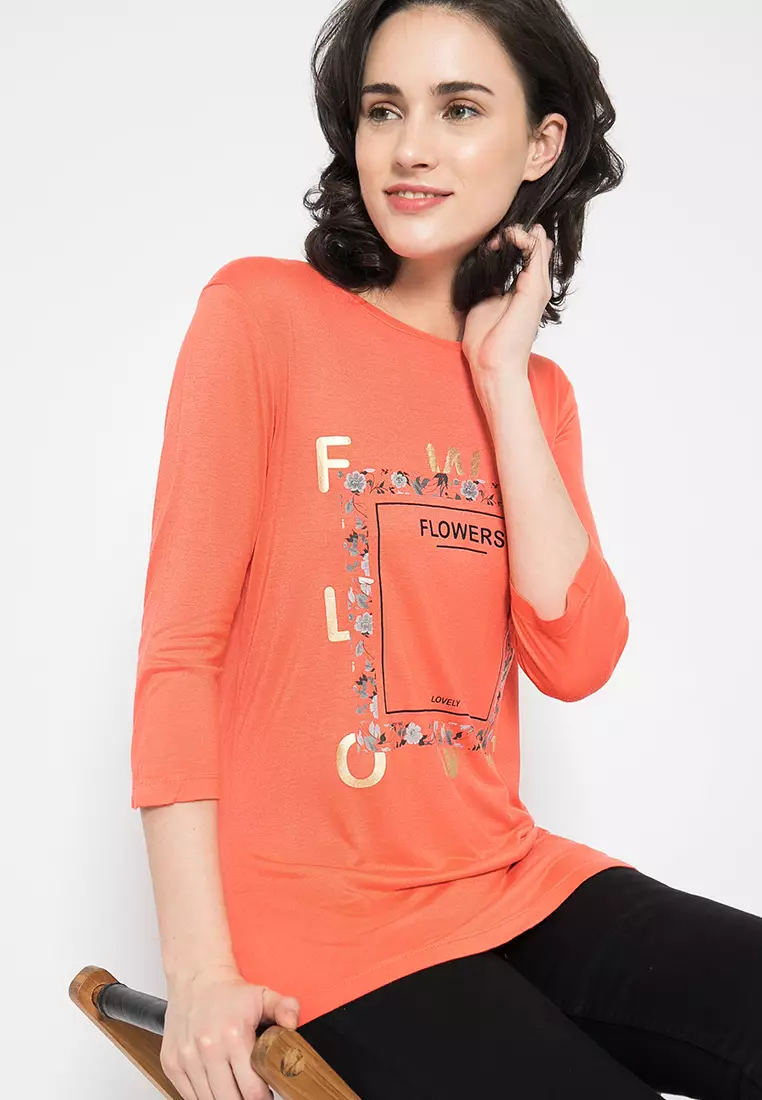 LGS Kaos Wanita Lengan Panjang Slim Fit Orange Sablon FLOWER Size
