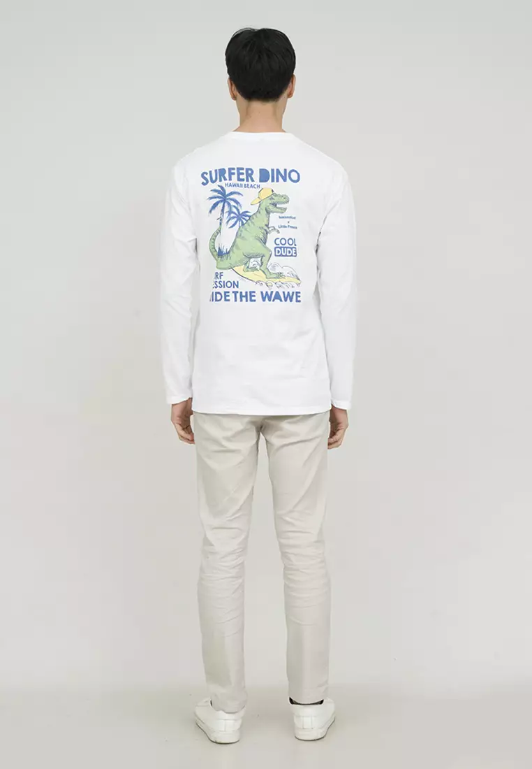 Kaos cotton combed lengan panjang pria putih houseofcuff surfer dino