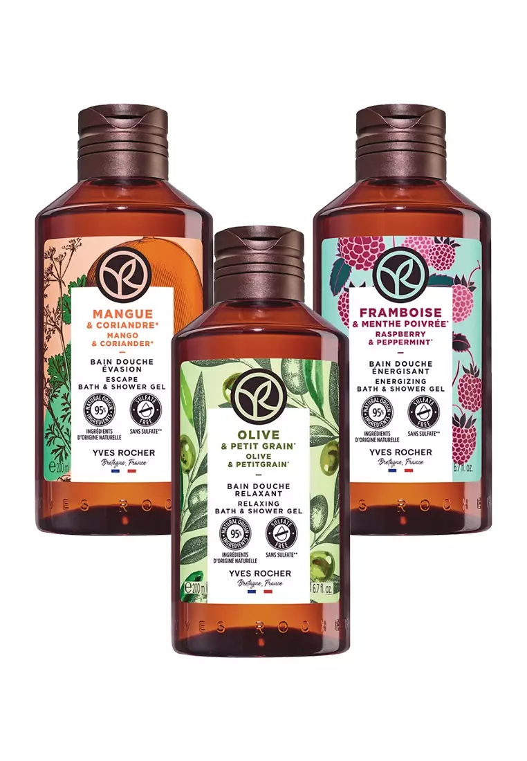 Body Wash Shower Gel Bundle of 3 200ml Mango & Coriander, Raspberry & Peppermint, and Olive & Petitgrain Scent for Moisturizing Skin