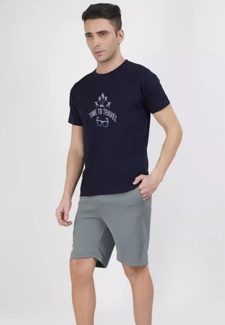 Time To Travel Graphic Navy Blue Cotton Short Sleeve Regular Fit T-Shirt