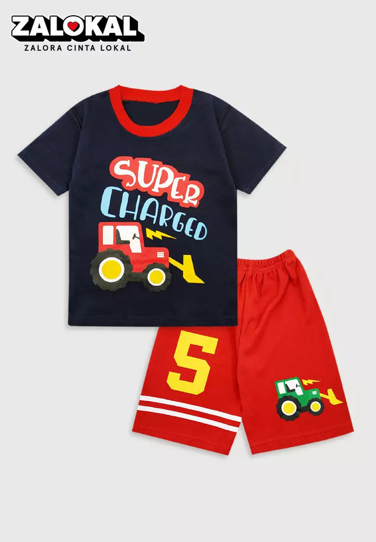 Wakakids Baju Lengan Pendek Bayi Anak Laki Laki Setelan Celana Kaos Tractor 3377 Navy