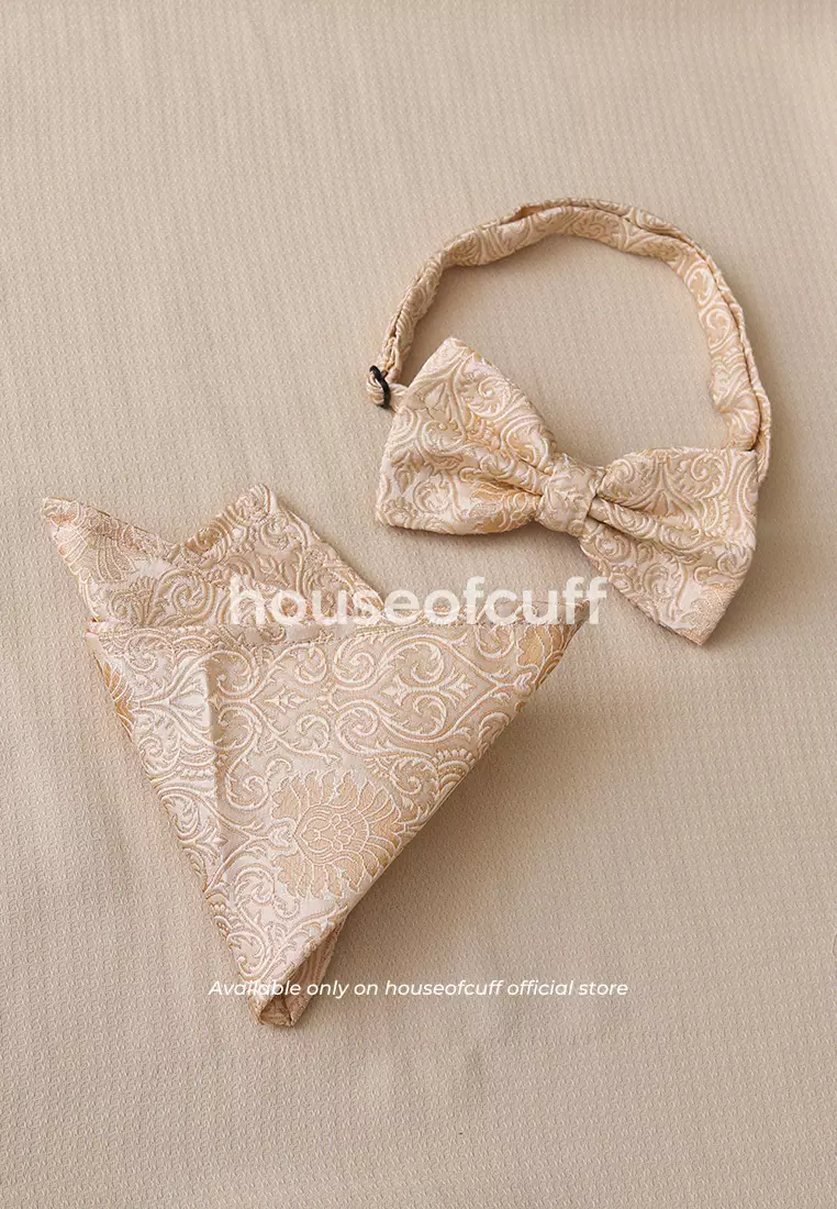 Houseofcuff dasi kupu pria bowtie pocket square jacquard Cream motif