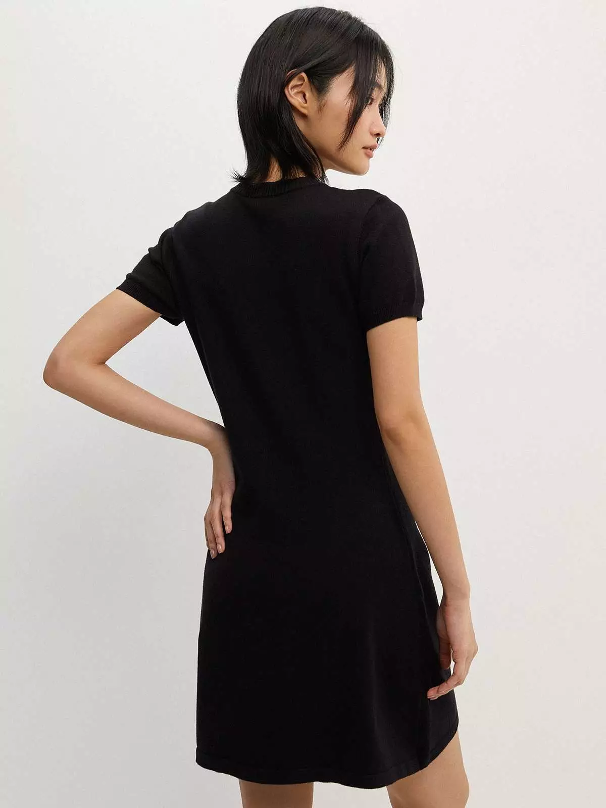 Pearl Button Knitted Mini Dress - Black