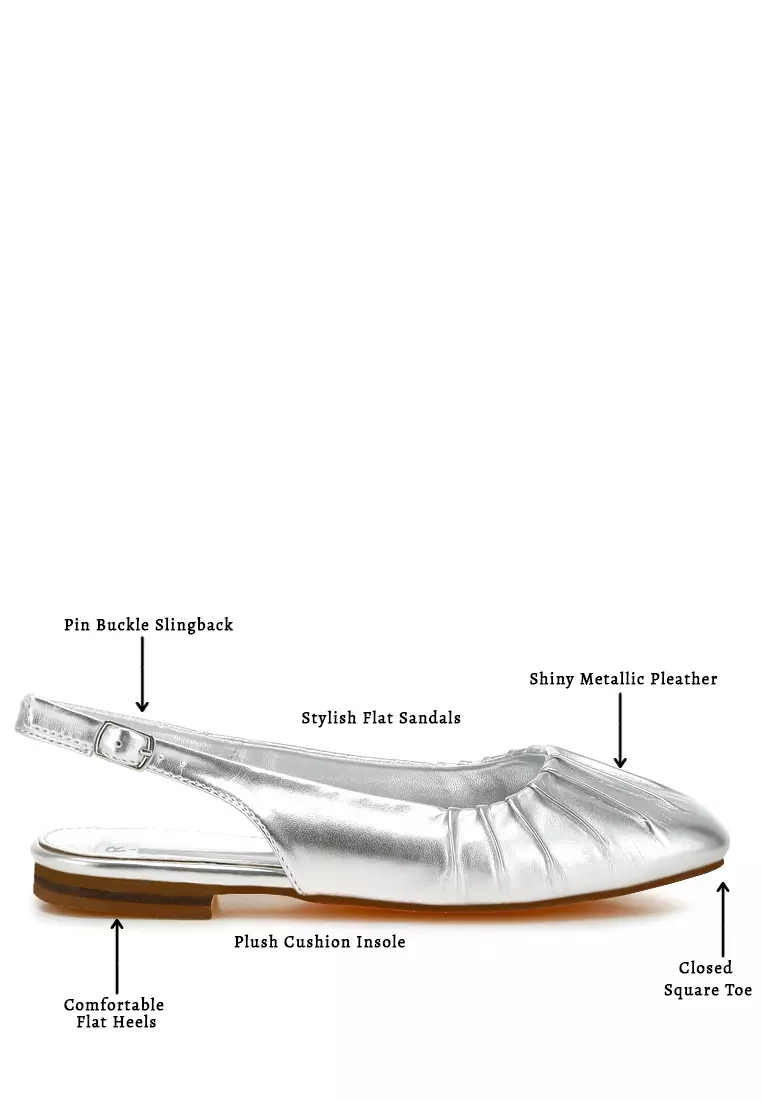 Metallic Square Toe Flat Slingbacks in Silver