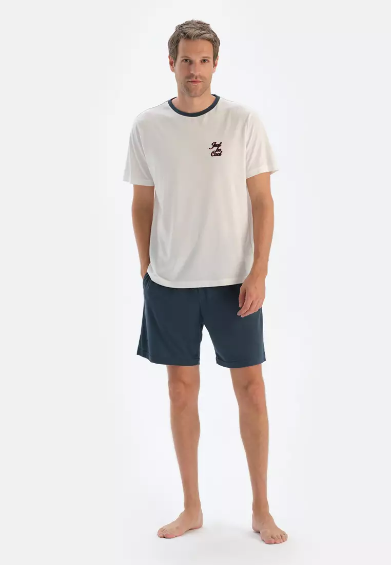 Ecru T-Shirt & Shorts, Slogan Print, Crew Neck, Regular Fit, Short Sleeve Sleepwear for Men