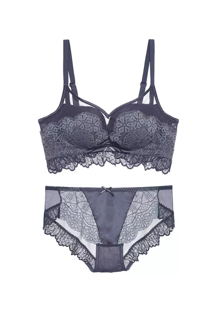 ZITIQUE Women's 3/4 Cup Push Up Deep V Lace Lingerie Set (Bra and Underwear)  - Grey 2024, Buy ZITIQUE Online