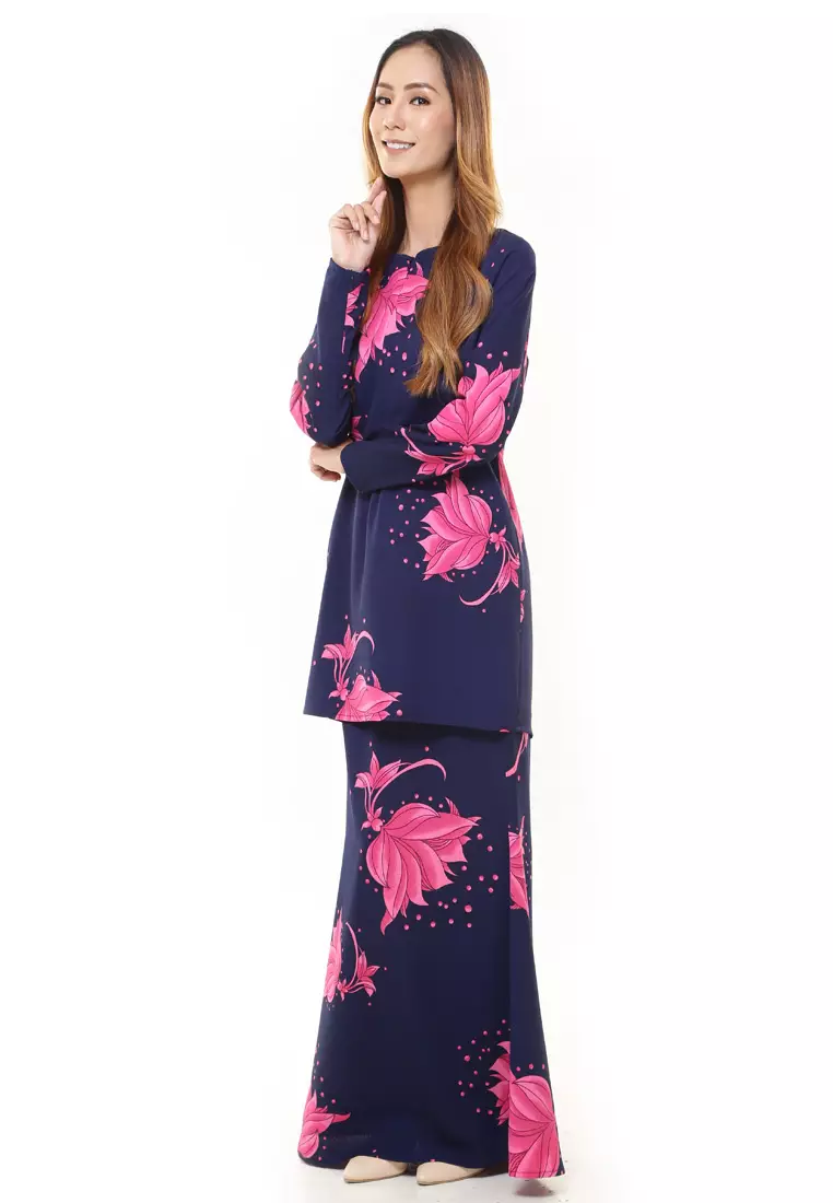 Rina Printed Kurung Navy Pink Flower