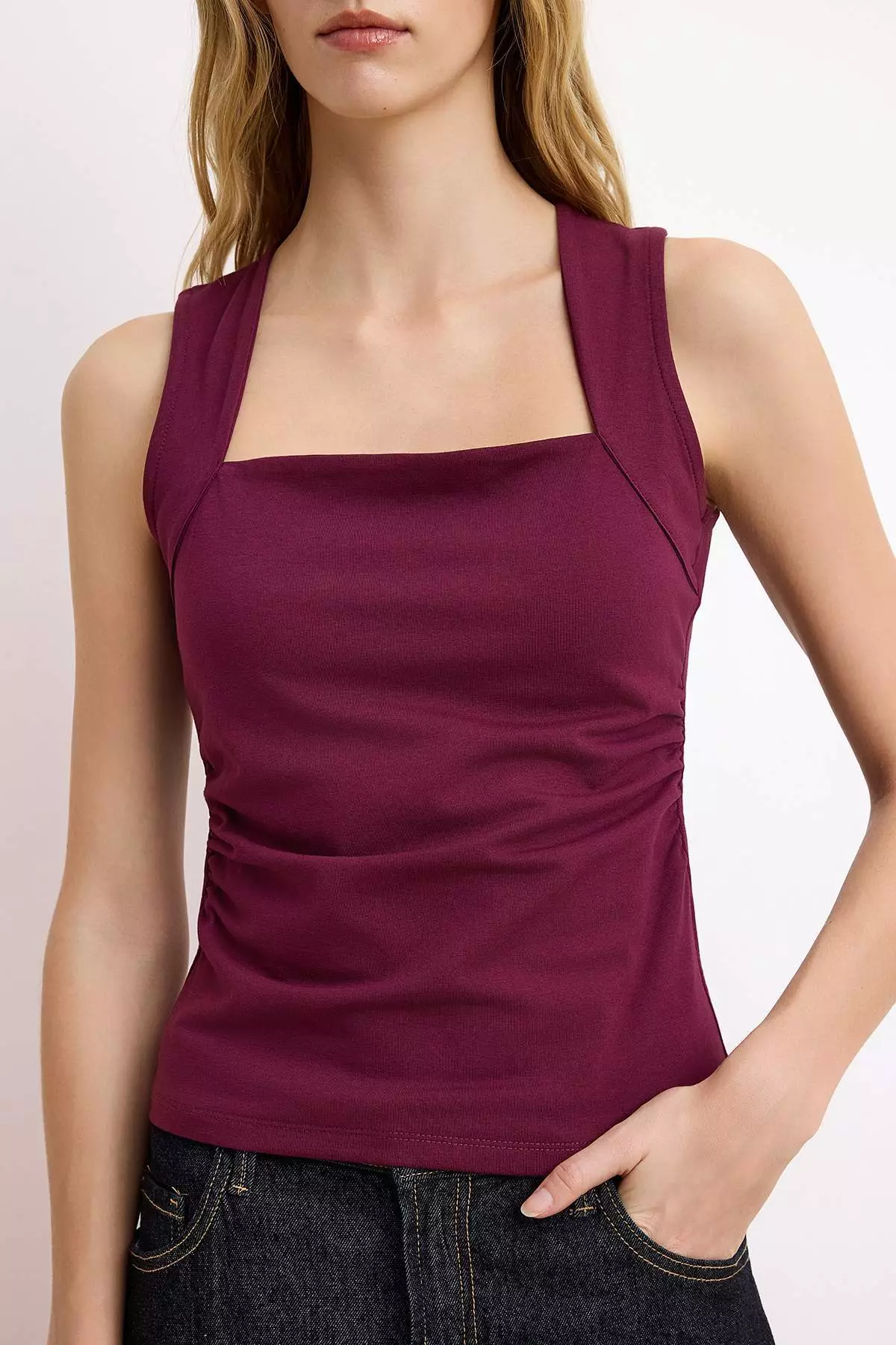 Plum Solid Square Neck Strap Drawstring Fitted/Slim Fit Stretchy Knitted Blouse Twoss24Bz4