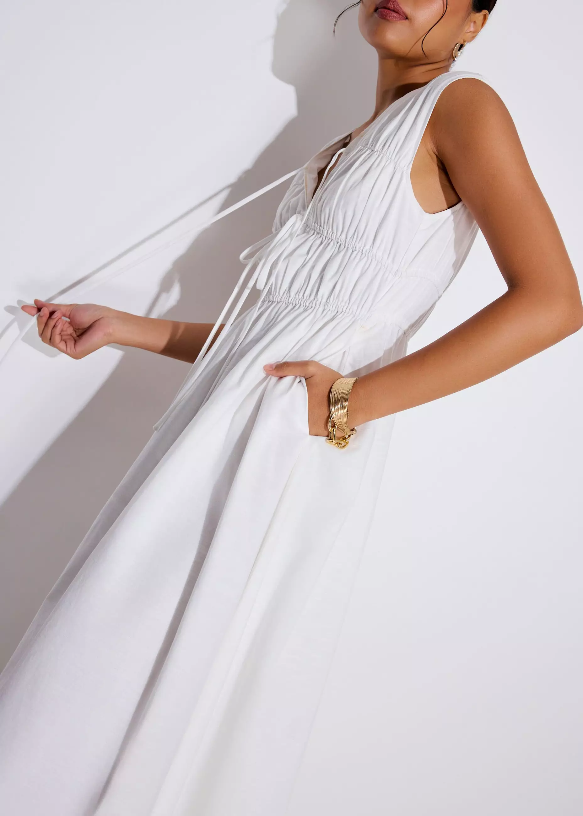 Dress Wanita - Linen Front Tie Fit & Flare Elastic Midaxi Dress