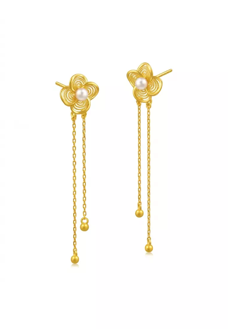 Chinese Wedding 24K Sold Gold Four Clover Leaf Drop Earrings 95619E