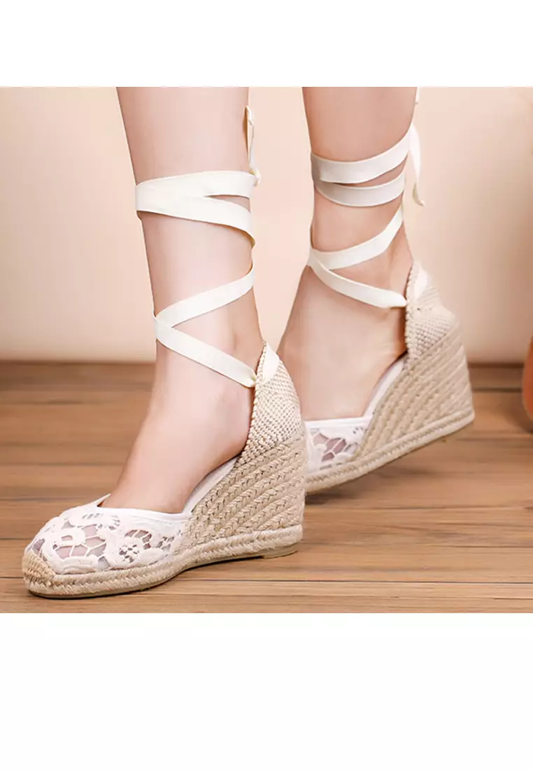 White lace up 2025 espadrille wedges