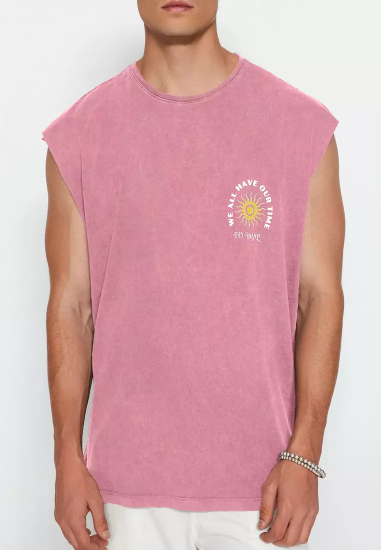 Pale Pink Oversize/Wide Cut Faded Effect Text Print 100% Cotton T-Shirt/Undershirt TMNSS23AL00009