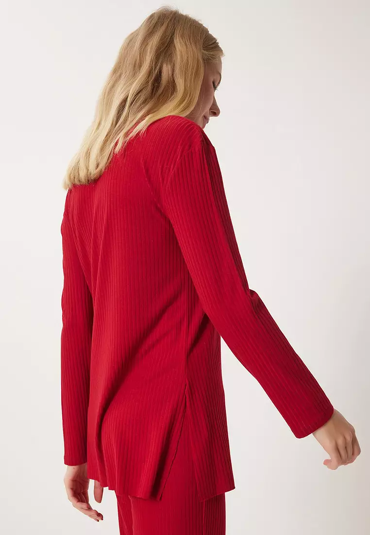 Comfortable Ribbed Knitted Blouse Trousers Set