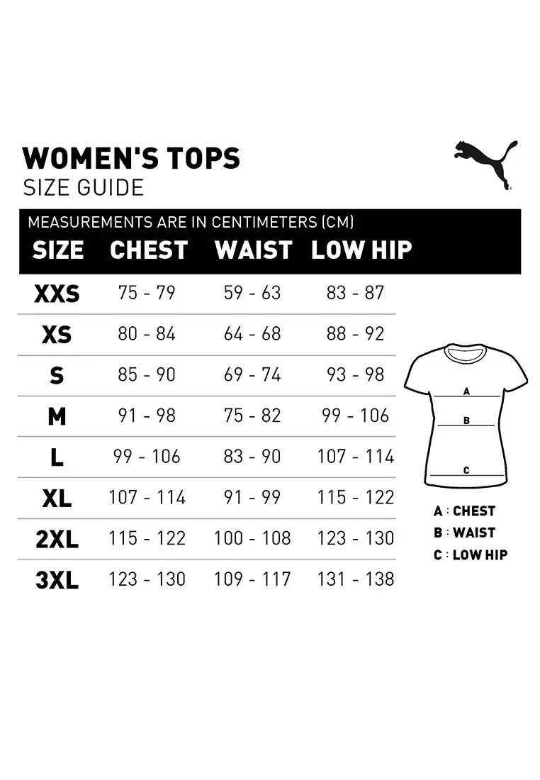 Puma women's clothing size chart top