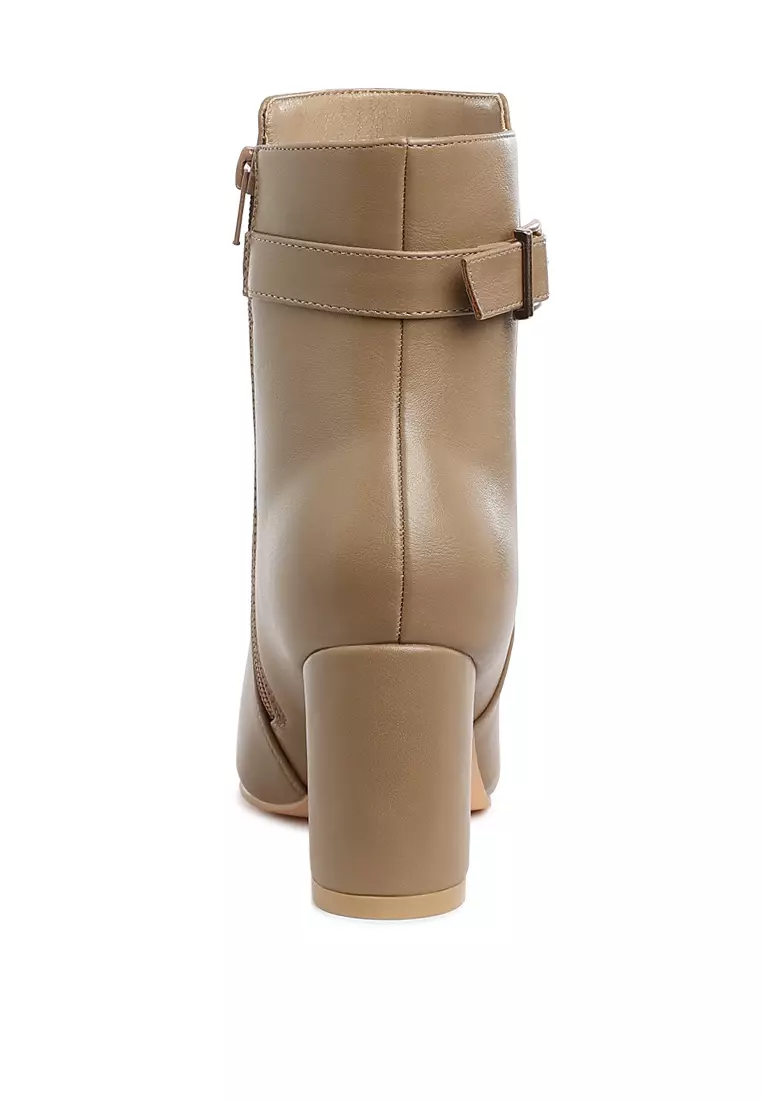 Belt Detail Block Heel Boots in Taupe