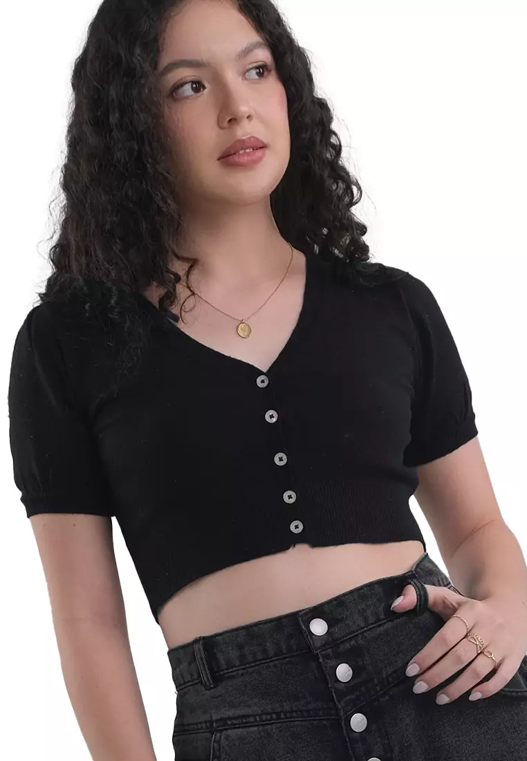 Knitted Button Down Top With Puff Sleeves