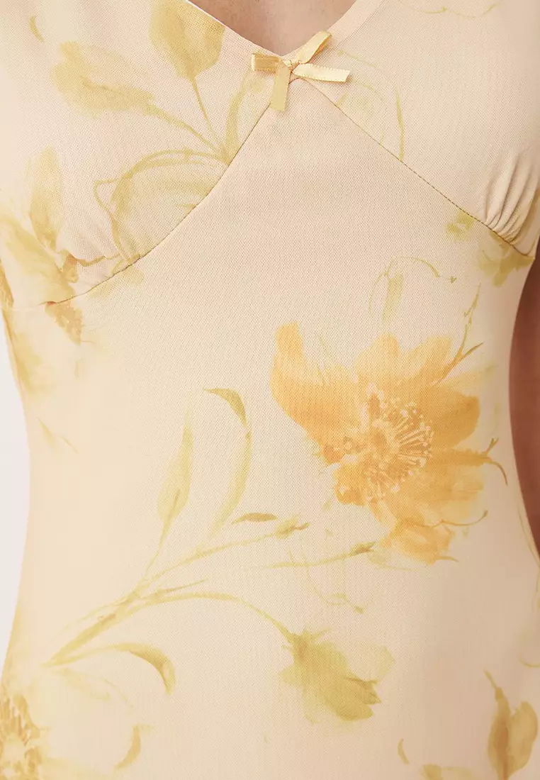 Light Yellow Fitted Abstract Bow Maxi Tulle Stretch Knit Dress Twoss25El00361