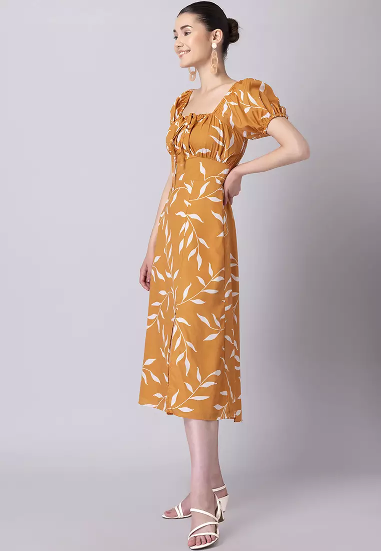 Mustard Yellow Printed Front Slit Dress