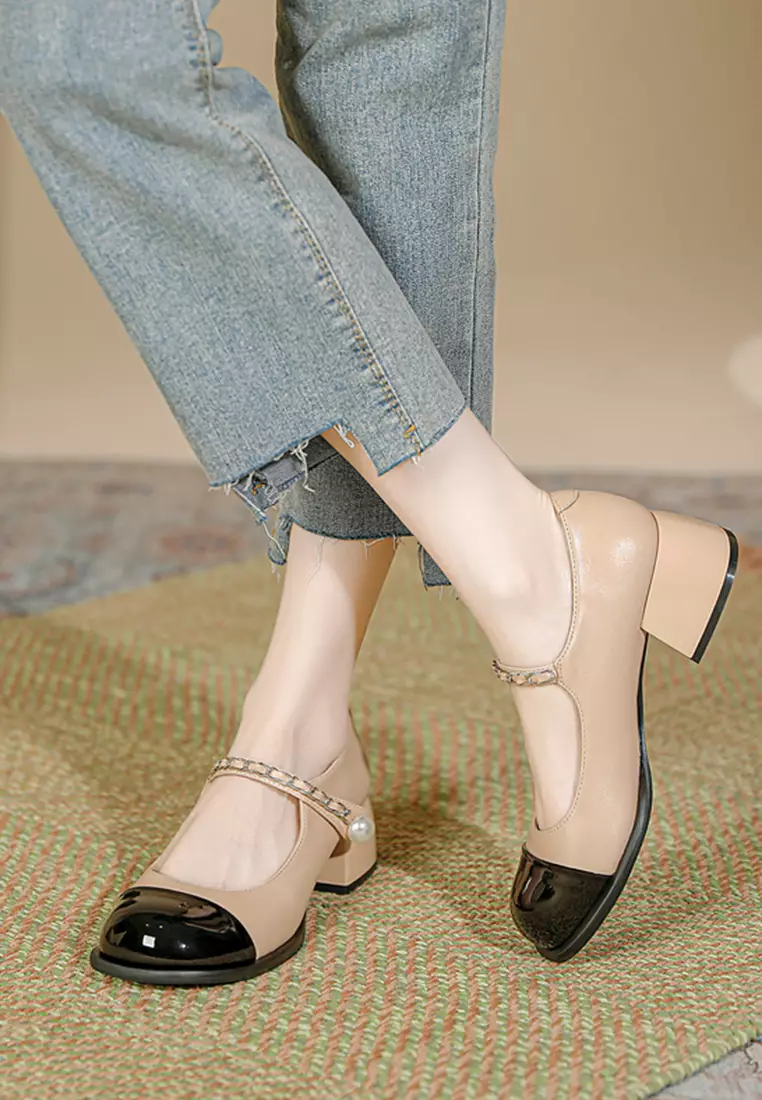 4CM Color Matching Pearl Strap Mary Jane Shoes TE3902-3