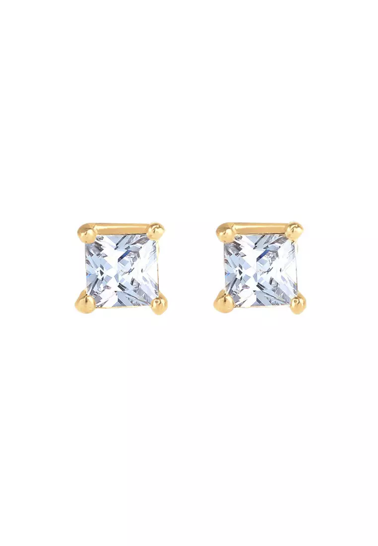 EXCLUSIVE Anting Perhiasan Perak 925 Pria Stud Earrings Square Basic Zirconia Gold Plated
