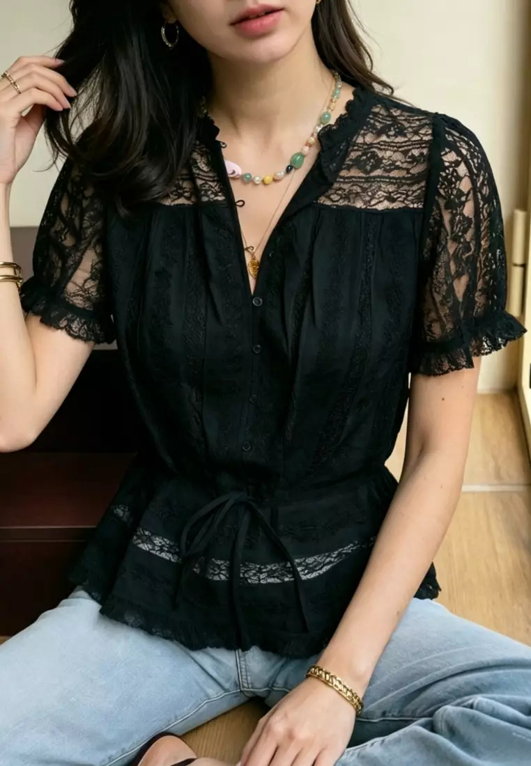 Hollow Lace Waist-Tie Blouse, Short Sleeve Casual Elegant Top CA26041631BK