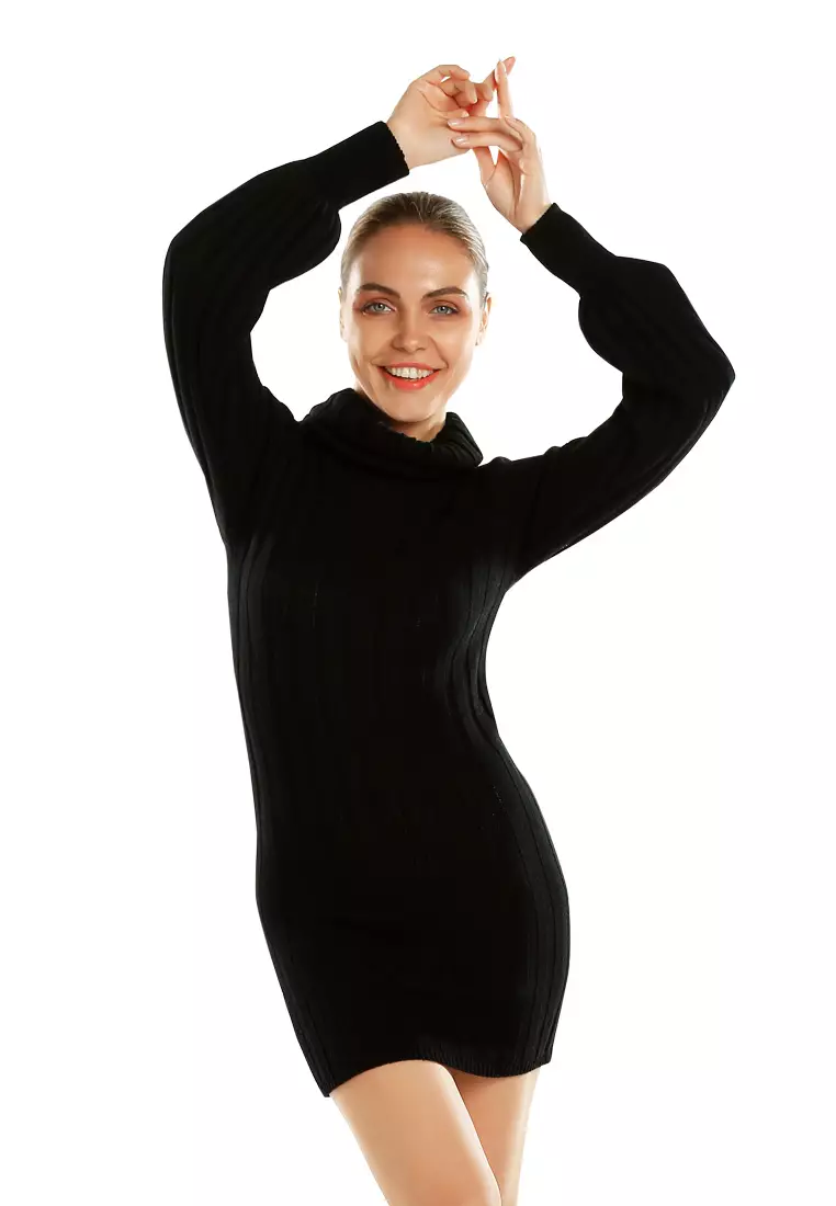 Roll Neck Bodycon Mini Dress In Black