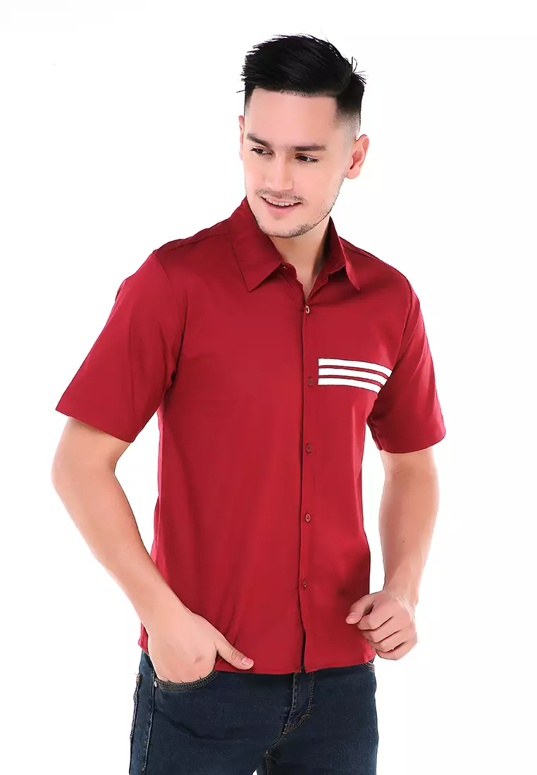 Dwan Atasan Kemeja Pria Three Lines Slim Fit Casual Shortsleeve Shirt Material Cotton ORIGINAL - Maroon