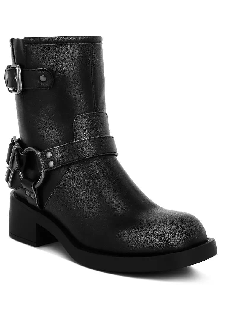 Harness Detail Biker Boots in Black